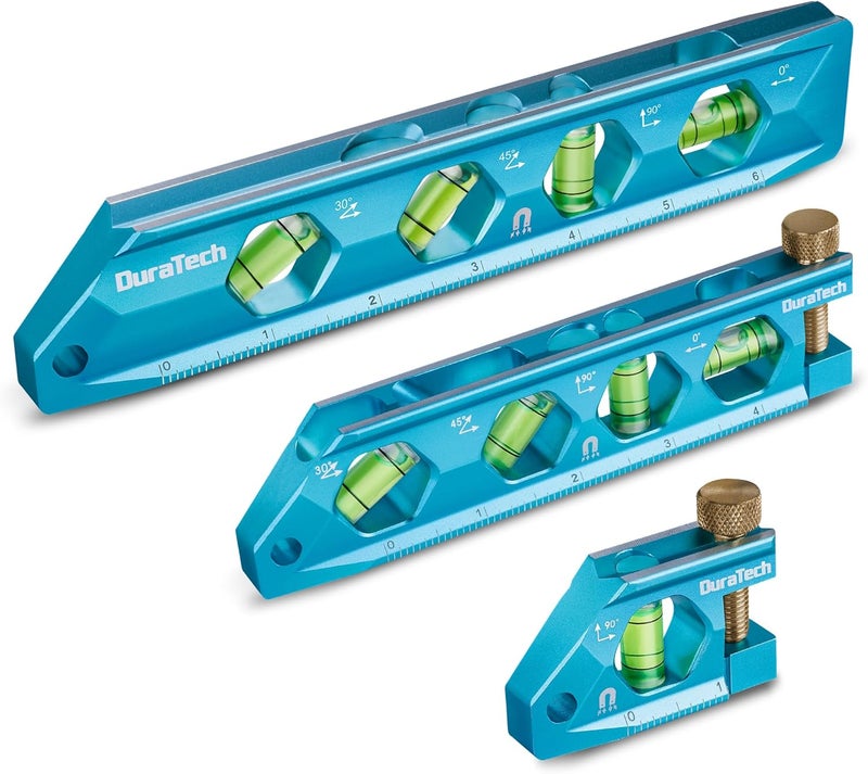 DURATECH مجموعة أدوات مستوى 3 قطع، تشمل مستوى طوربيد مغناطيسي 2.5"، 6.25"، 8" مع فقاعات 0°/30°/45°/90°، أخدود V، نافذة عرض كبيرة، هيكل من سبائك الألومنيوم، مقياس SAE وميتر، - Image 1